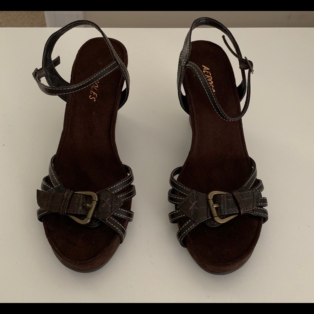 Aerosoles Sandal Wedge Women 7.5 Brown 3.5”  heel